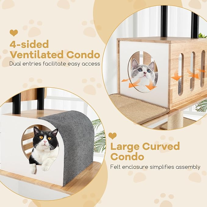 Tangkula Modern Cat Tree, Tall Multi-Level Cat Tower with Double Condos, Jumping Platforms, Dangling Balls, Sisal Carpets & Scratching Posts, Wood Cat Tree Tower for Indoor Cats