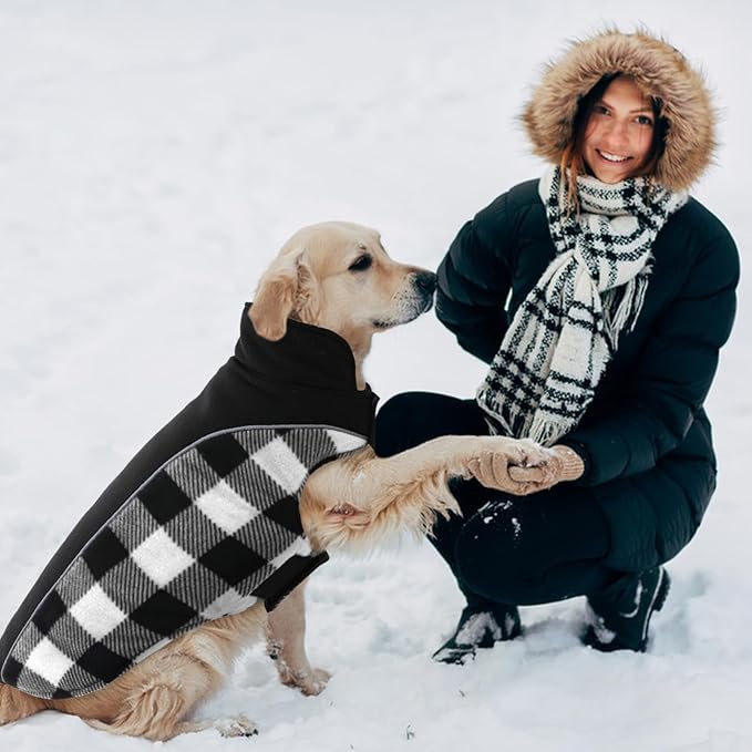Kuoser Dog Winter Coat, Reversible Waterproof Dog Jacket with Reflective Strip, Warm Dogs Fleece Vest Adjustable Doggy Cold Weather Clothes Plaid Christmas Outfit Pet Apparel for Large Dogs, Black 2XL