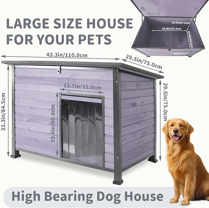 Dog House Outdoor Weatherproof, Sturdy Large Breed Doghouse Anti-Chewing Iron Frames Wood Houses, Dog Shelter for Indoor Puppies, Cats