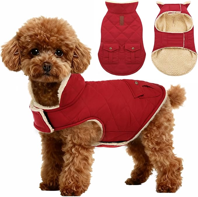 ASENKU Warm Dog Winter Coat, Waterproof Dog Coat for Cold Weather, Fleece Dogs Jacket with Ultra Thick Plush Lining Leash Hole Storage Pockets for Large Dogs (Red, X-Large)