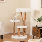 PETSITE 44 inch Wood Cat Tree, Modern Wooden Cat Tower with Jute Scratching Posts, Top Perch, Soft Long Plush and Dangling Ball, Pear Wood Branches Cute Cat Tree for Indoor Cats