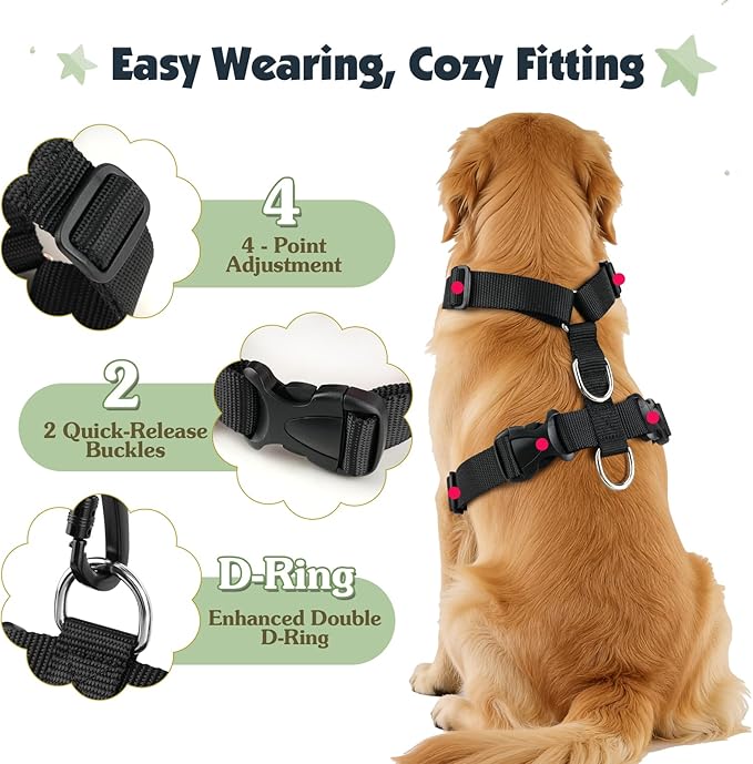 Pawaboo Dog Seat Belt Harness for Car, Dog Car Harness Seatbelt with Double Clips, Adjustable Breathable Pet Vest & Dogs Safety Tether with Elastic Bungee for Small Medium Large Pet, S, Green + Black