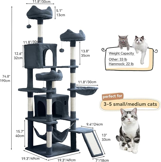 YITAHOME 75-Inch Tall Cat Tree Indoor: Multi-Level Kitten Tower with Kitty Condos, Top Perches, Sisal Ramp, Scratching Posts & Cozy Basket Hammocks Pet Play House Dark Gray