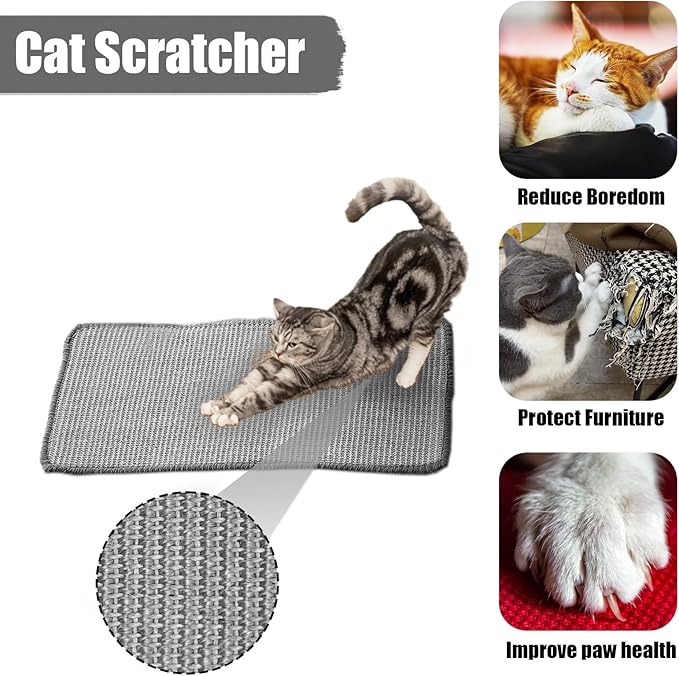 Cat Scratcher Mat Natural Sisal Fabric Cat Scratching Pad Couch Protector Horizontal Floor Cat Carpet Easy Use for Indoor Cats, Grey, 12" x 16"