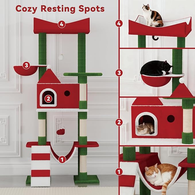 63" Large Christmas Cat Tree Tower Indoor: Tall Modern Cute Heavy Duty Cat Condo House with Scratching Post & Hammock for Maine Coon