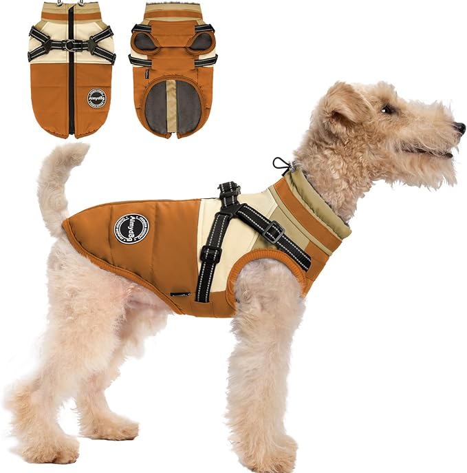 Dog Winter Coat - Waterproof Jacket, Windproof & Warm, Turtleneck Fleece Vest with Built-in Harness, Reflective Snowsuit for Small to XXL Dogs, Orange