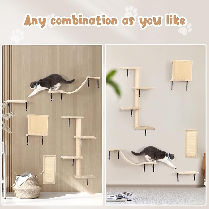 Wall Mounted Cat Furniture Set of 5 With Tree, Perch, Scratcher, Bridge and Condo, Gray (Beige)