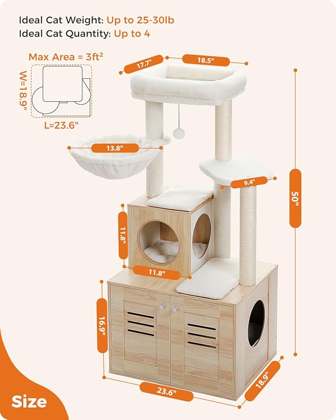 Cat Tree with Litter Box Enclosure, 50" Modern Cat Tree for Large/Fat Cats with Cat Condo, Wooden Cat Furniture with Large Hammock and Top Perch, Beige
