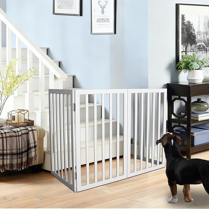 ZJSF Freestanding Indoor Dog Gate for House Foldable Wood White Puppy Gate for Doorways Pet Gate for Stairs Extra Wide Pet Fence 32" Height 2 Panels