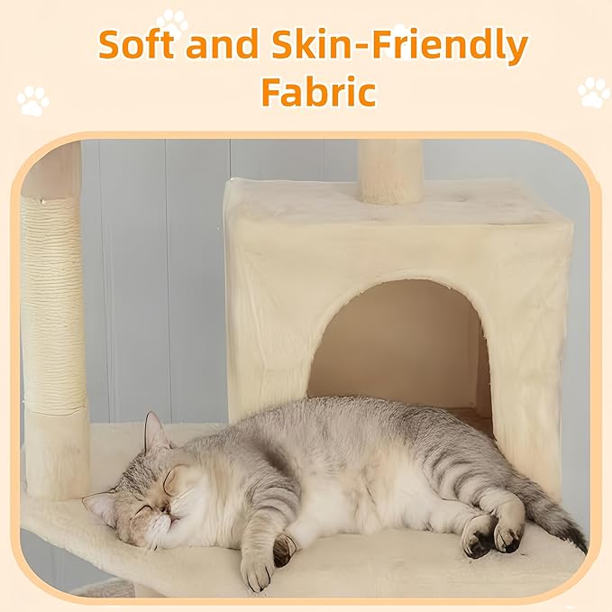 Cat Tree 60.63 inches Cat Tower for Indoor Cats, Multi-Level Cat Condo Furniture with Scratching Posts, Plush Perches, Activity Center with Cozy Basket & Hammock for Cats(Beige)