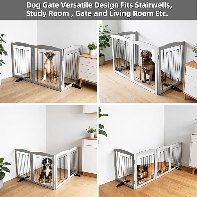 Dog Fence Indoor,Dog Gate Indoor for Doorway pet gate -3-Panel Freestanding, Hallways, House or Stairs -60x24-Inch Retractable Foldable Expandable Wood Pet by SFJC (Grey) ﻿