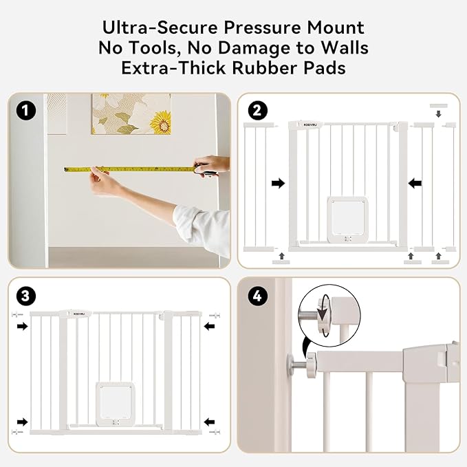 30 Inch Tall Dog Gate with Cat Door, Adjustable Width (29.7-57 Inches) for Doorways, Hallways & Stairs, Pressure-Mounted Walk-Through Dog Gate with Auto-Close & Double Lock Safety（White）