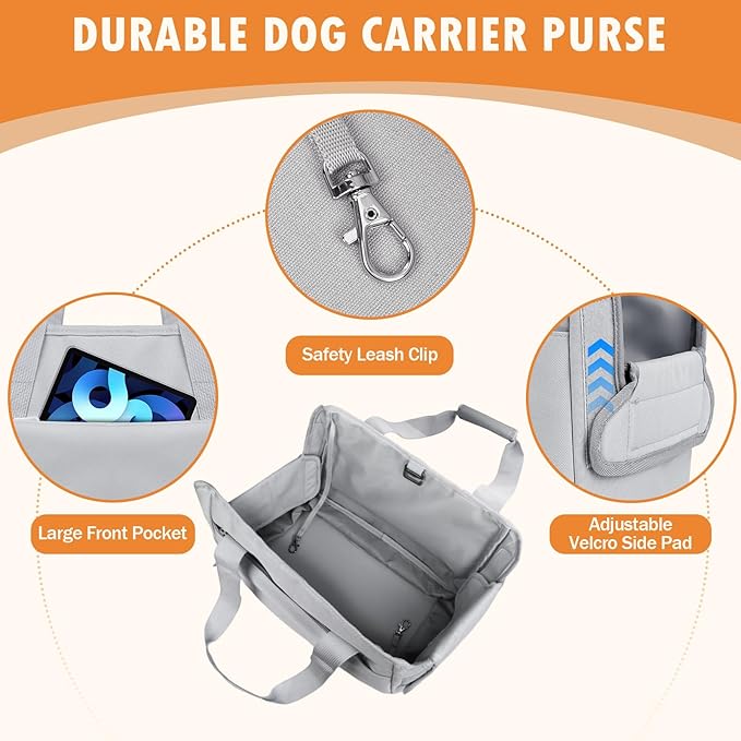 Dog Purse Carrier for Small Dogs Under 10 lbs with Pockets Adjustable Soft Sided Pad Extendable Dog Carriers Tote for Puppies with Safety Leash Clip for Travel Shopping (Gray)