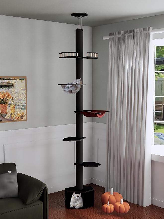Cat Trees Floor to Ceiling Cat Towers Height:86-118 InchesAdjustable, Tall Cat Tree Activity Tree with Soft Rope Scratching Post,Clear Dome Cat Condo, Cozy Hammock (Black)