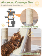 Taoqimiao 76-Inch Cat Tree XXL for Large Cats, Giant Cat Tower with Scratching Board, Extra-Large Metal Hammock, 3 Perches, 7 Sisal Posts, 2 Big Condos, Hanging Basket, Light Gray, MS047W