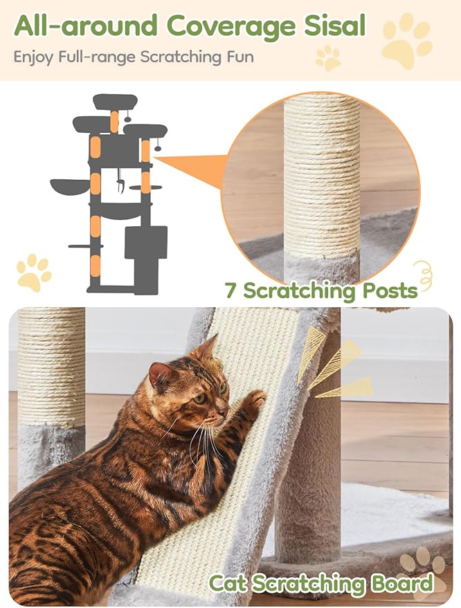 Taoqimiao 76-Inch Cat Tree XXL for Large Cats, Giant Cat Tower with Scratching Board, Extra-Large Metal Hammock, 3 Perches, 7 Sisal Posts, 2 Big Condos, Hanging Basket, Light Gray, MS047W