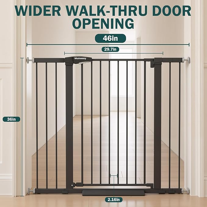 Mumeasy 36" Extra Tall Dog Gate, Auto Close Baby Gate for Stairs Doorways, 29.7-46" Wide Walk Thru Child Safety Gate for House, Easy Install Pressure Mounted Metal Pet Gate with Door, Black