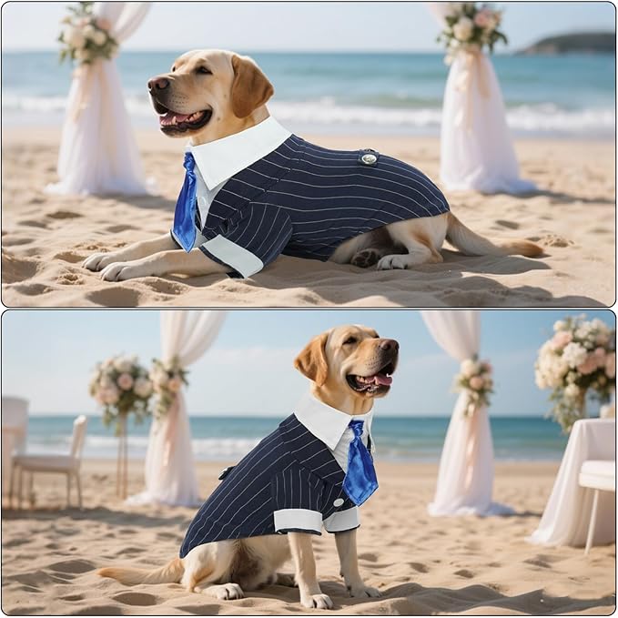DENTRUN Navy Blue Dog Tuxedo - Formal Pinstripe Pet Suit Shirt with Satin Tie, Elegant Wedding Outfit Birthday Party Attire for Siberian Husky Border Collie Large Dogs (Polyester), XL
