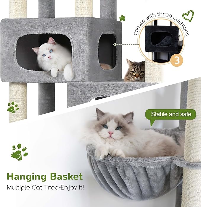 Globlazer 85 Inch Tall Cat Tree for Large Cats, Multi-Level Cat Tower for 4+ Cats with 3 Condos, 2 Hammocks & Sisal Posts, Heavy Duty Cat Tree Tower for Maine Coon, S85, Light Grey