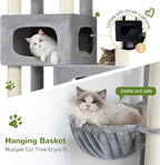 Globlazer 85 Inch Tall Cat Tree for Large Cats, Multi-Level Cat Tower for 4+ Cats with 3 Condos, 2 Hammocks & Sisal Posts, Heavy Duty Cat Tree Tower for Maine Coon, S85, Light Grey