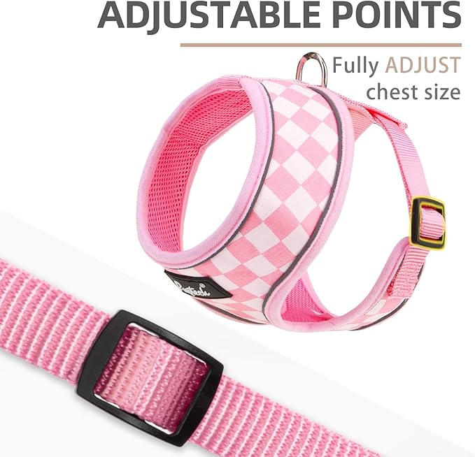 PUPTECK Soft Mesh Dog Harness and Leash Set Pet Puppy Cat Comfort Padded Vest No Pull Harnesses, Checkered Pink&White, XS