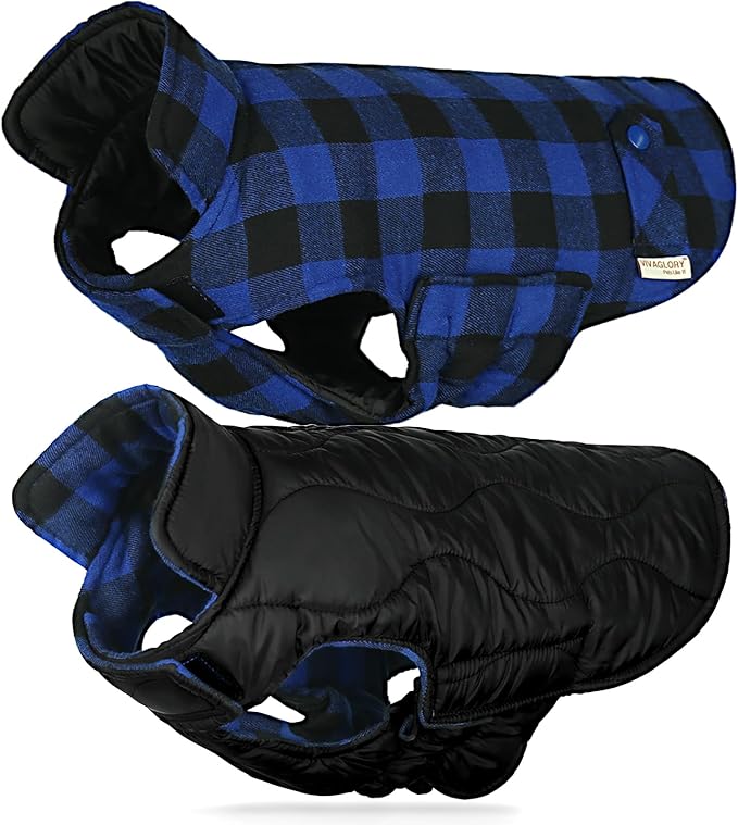 VIVAGLORY Softjoy Dog Coat, Dog Jacket for Winter & Christmas, Coat with Harness Hole, Reversible Plaid Checkered Warm Fluffy Heavy Duty for Puppy, XS, Sapphire Blue Plaid