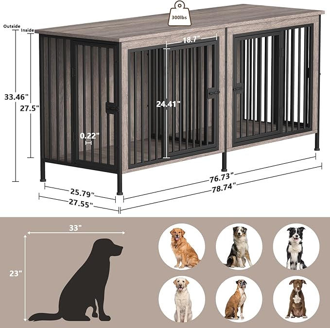 EasyCom Dog Crate Furniture for 1 or 2 Dogs, Heavy Duty Single/Double Dog Crates for Small/Medium/Large Dogs, Dog Kennel Furniture Indoor as TV Stand, Large Size 78.74" L(35-60 Pounds), Oak Grey