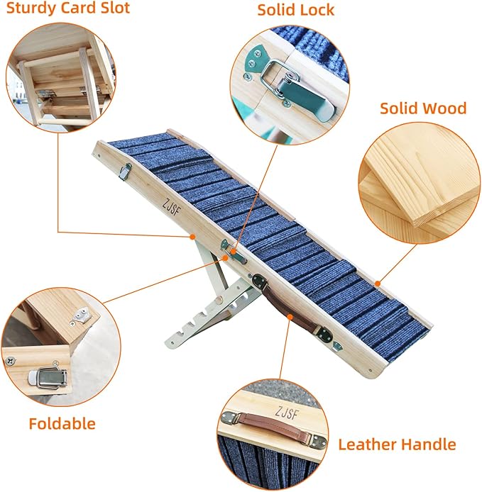 ZJSF Foldable Dog Ramp for High Bed, Wooden Dog Stairs to Bed for Small Dogs, High Traction Platform with 4 Adjustable Heights (14"-19.7"), 33", Supports up to 70 lbs