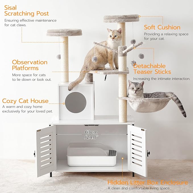 HOOBRO Cat Tree with Scratching Posts, Cat Tower Litter Box Enclosure Furniture for Indoor Cats, All-in-One Wooden Cat House Condo with Cat Hammock, Detachable Teaser Sticks, White BW14MZ03