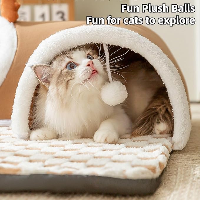 Cat Tunnel Bed Indoor, Peekaboo Cave Bed for Multiple Cats,Kitty Tube with Balls Toys,Removable Cat House Washable,Small Animal Tunnel for Kitty,Bunny (Brown,Small)