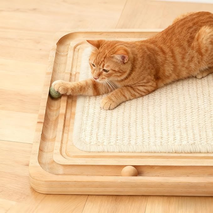 Cat Scratching Pad with Ball Track Toy Interactive Cat Scratcher Board with Rolling Balls Natural Wood Sisal Cat Scratch Pad for Indoor Cats