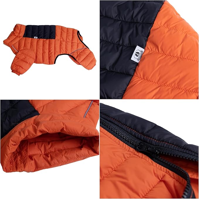 Warm Dog Coat, 4 Legs Covered Waterproof Windproof Reflective Vest, Zippered Adjustable Outdoor Snow Jacket for Small Medium Large Dogs Orange XXXL