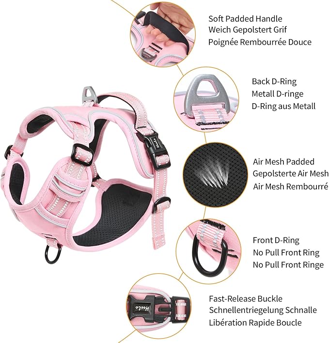 HEELE Dog Harness, No Pull Adjustable Padded Reflective Harness for Small Medium Large Dogs with Handle for Walking Training, Pink, L