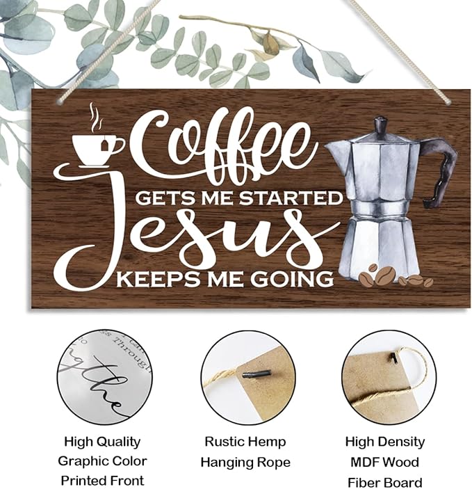 K1 Hanging Wooden Plaque Decor - Jesus Keeps Me Going, Coffee Bar Sign, Rustic Farmhouse Kitchen Wall Decor, 12x6 inch