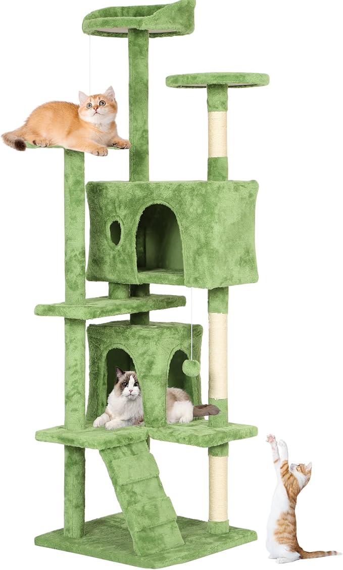 Heavy Duty Cat Tree,70 Inch Tall Cat Tower,2 Cozy Condos,Scratching Posts,Ladders & Sisal Pole,Multi-Level Perches Platforms for Indoor Cats,Sturdy Pet Climbing Furniture,Green