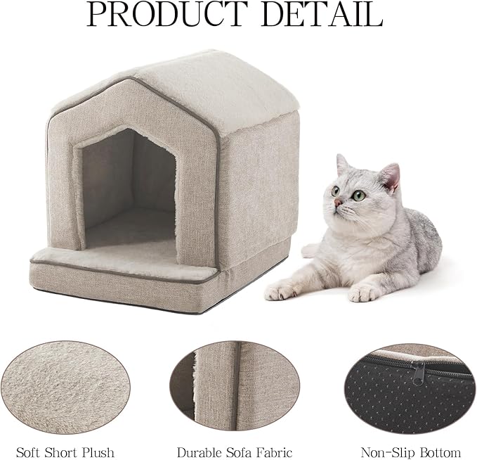 Orthopedic Cat House for Indoor Cats,Small Dogs,Super Soft Cat Bed Cave,Condos, Cubes,Cat Hideaway,Covered,Cat Bed for Kitty Small Medium Large Pet (Beige, 18" L x 15" W x 17" Th)