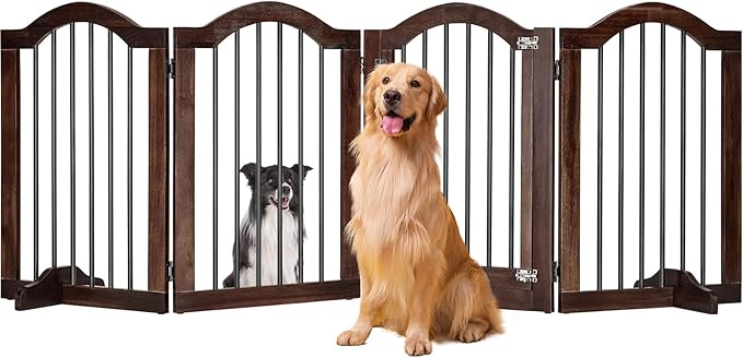 PrimeZone 96" Wide Dog Gate with Door - 30" Tall 4-Panel Solid Acacia Wooden Freestanding Puppy Gates, Foldable Indoor Pet Fence for Doorways, Stairs, Support Feet Included, Brown