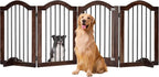PrimeZone 96" Wide Dog Gate with Door - 30" Tall 4-Panel Solid Acacia Wooden Freestanding Puppy Gates, Foldable Indoor Pet Fence for Doorways, Stairs, Support Feet Included, Brown