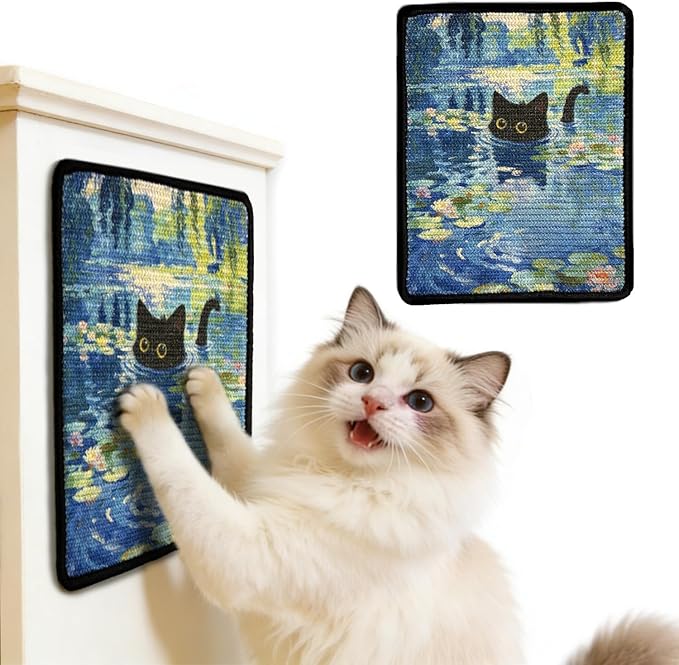 Cat Scratcher Wall Art, Sisal Home Decor Cat Scratch Mats, Wall Mount Kitten Scratching Pad with Hoop and Loop Adhesives, Cardboard Post Alternative for Indoor, Water Lilies