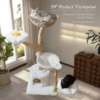 Cat Tree for Indoor Cats Large Adults, 59 Inches Modern Cat Tower with Large Basket and Hammock, Natural Solid Wood, Luxury Condo & Dual Perches, Modern Cat Furniture for Big Cats, White