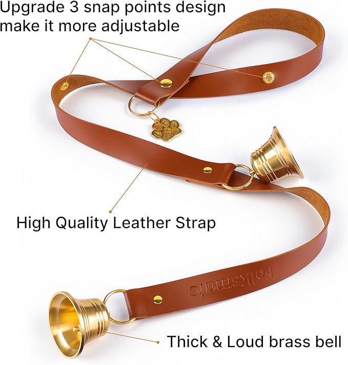 FOLKSMATE Leather Dog Door Bells for Potty Training, Big Brass Puppy Dog Door Bells Extra Loud for Dogs Training, Housebreaking, Door Knob, Dog Bell to Ring to Go Outside Puppy Pet Supplies Leather