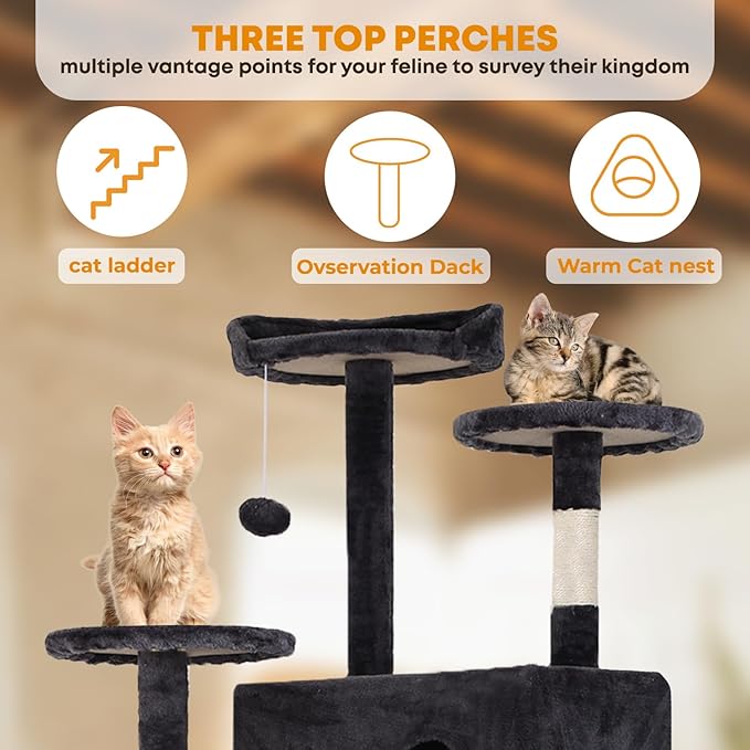 70in Cat Tree for Indoor Cats, Cat Tower with Cat Scratching Post, Multi-Level Cat Furniture, Cat Tower with Funny Toys for Kittens-Dark Gray
