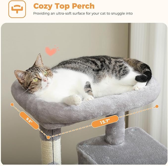 PETEPELA 45.7" Cat Tree for Indoor Cats, 5-Level Cat Tower for Large Cats with Metal Frame Large Hammock (17.3"x15.3"), Cat Condo with (18.5"x13") Big Top Perch & 4 Sisal Covered Scratching Post Grey