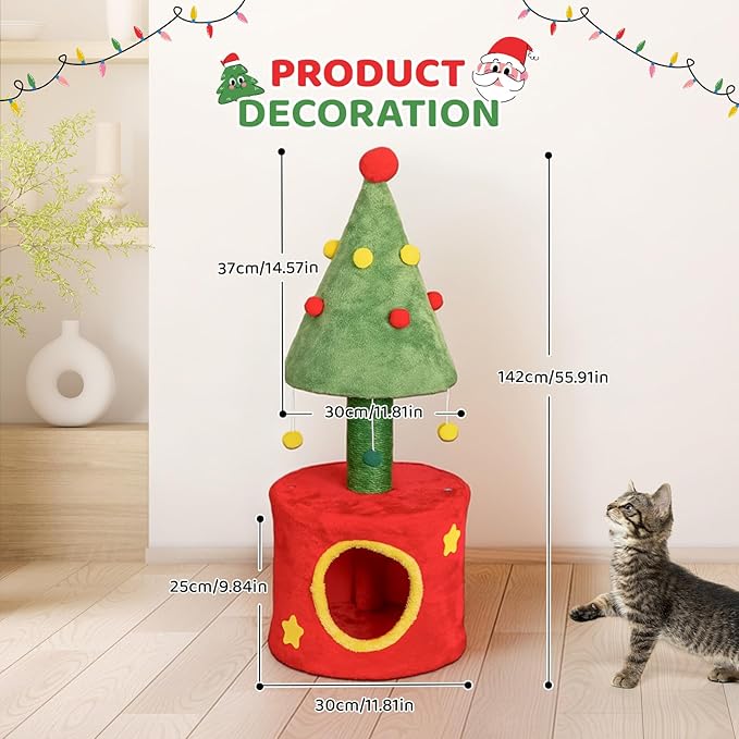 VINGLI 30IN Christmas Cat Scratching Post with Cat House, Small Cat Tree Tower for Indoor Kitten, Sisal Covered Post with Hanging Plush Balls, Red & Green Holiday Cat Furniture