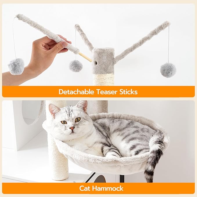 HOOBRO Cat Tree with Scratching Posts, Cat Tower Litter Box Enclosure Furniture for Indoor Cats, All-in-One Wooden Cat House Condo with Cat Hammock, Detachable Teaser Sticks, White BW14MZ03