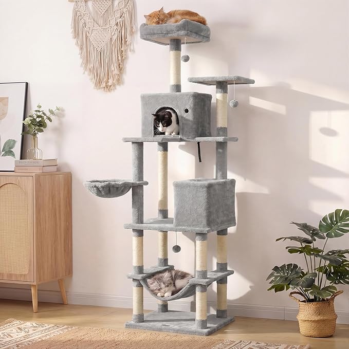 PETSITE 80-inch Tall Modern Cat Tree, Multi-Level Cat Tower with 2 Comfy Condos, Sisal Scratching Posts, Side Basket, Snug Hammock, and Dangling Balls, Ideal for Indoor Cats and Kittens (Grey)