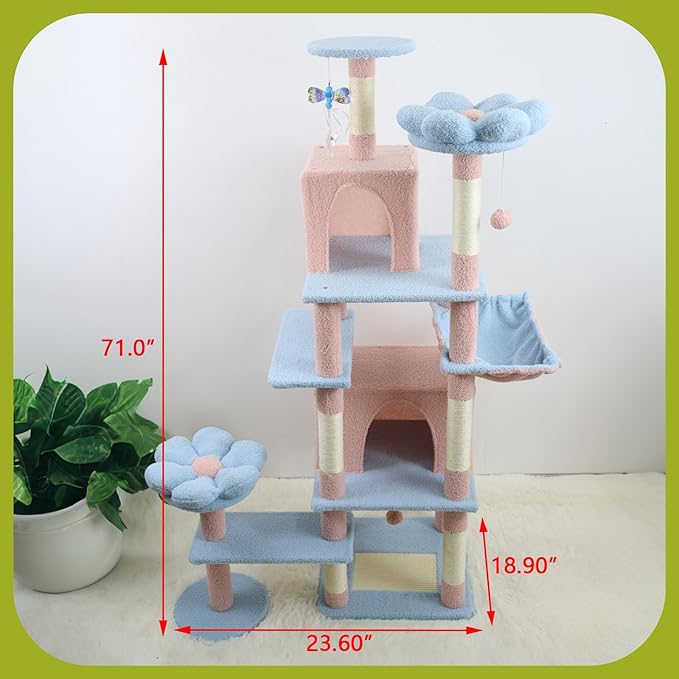 71 inch Flower Cat Tree, Multi-Level Cat Tower with Large Condo Removable Flower Cushion and Hammock, Tall Cat Tree for Indoor Large Cats Climbing, Scratching, and Play (Blue)