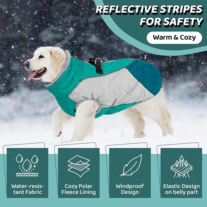 AOFITEE Dog Coat, Dog Winter Coat, Reflective Small Dogs Jacket with Harness Built in and Fleece Lined, Waterproof Pet Winter Jacket Warm Snowsuit for Small Medium Large Dogs, Green S