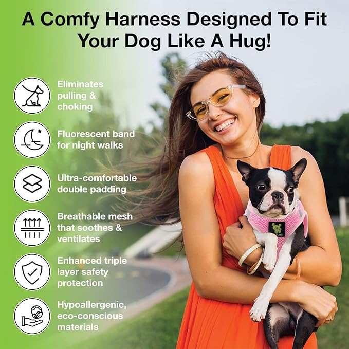 EcoBark Step in Dog Harness - Eco-Friendly Dog Halter Harness for XS, Small, & Medium Breed Dogs - Soft Luxurious Mesh - Reflective and Adjustable - Dog Body Chest Harness Vest (Baby Pink, Medium)
