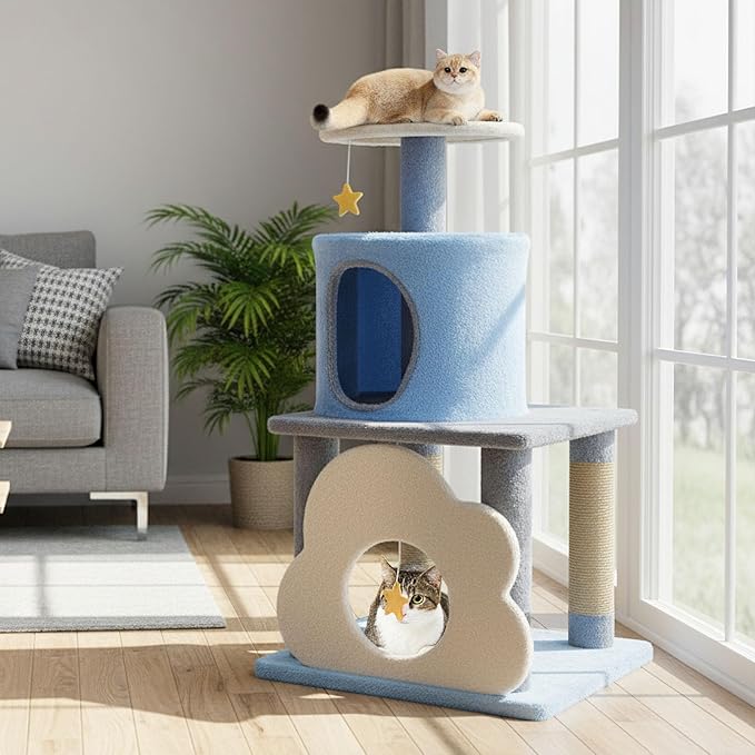 Tangkula Cute Cat Tree, 31.5 Inch Multi-Level Cat Tower with Jute Scratching Posts, Condo, Top Perch, Hanging Toy, Moon & Star & Cloud-Shaped Accents for Indoor Cats (Blue)
